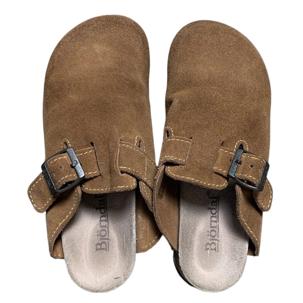 Bjorndal Harvard Brown Suede Mules Adjustable Buckle Clogs 136074 7B